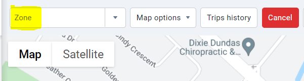 reación de geocercas: interfaz de software de gestión de flotas MyGeotab mostrando la opción "Zona" resaltada en amarillo junto a opciones de mapa y cancelación.
